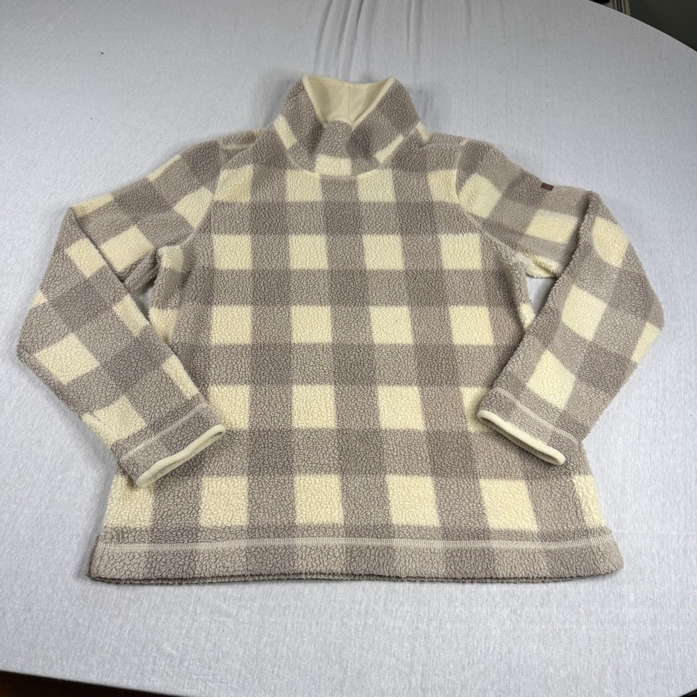 LL Bean Sherpa Fleece Funnel Neck Pullover Tan Cream Buffalo Check‎ Plaid Large